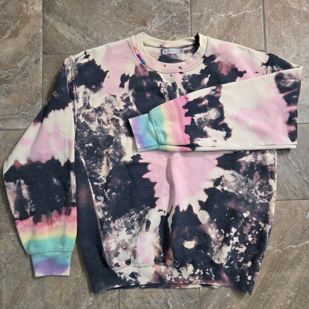 Sweatology‎ x Locura Tie Dye Sweatshirt Pink Black Rainbow Crewneck L